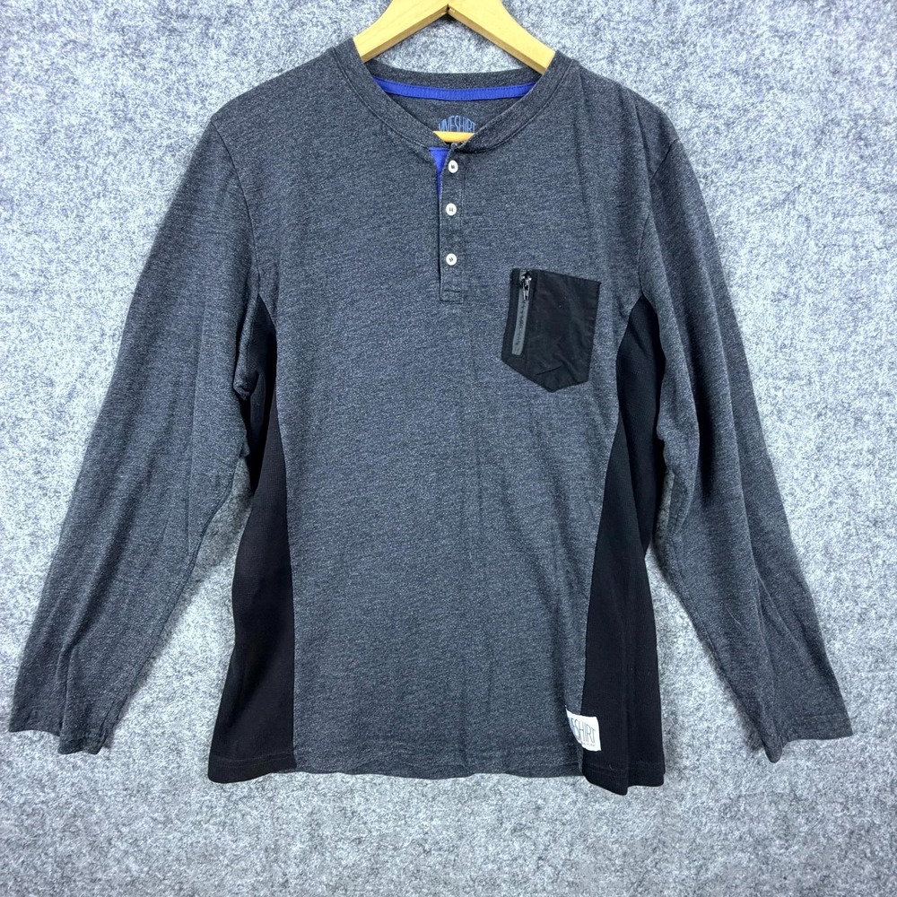 Viveshirt New York Henley Shirt Mens Large Gray Black Chest Pocket Long Sleeve